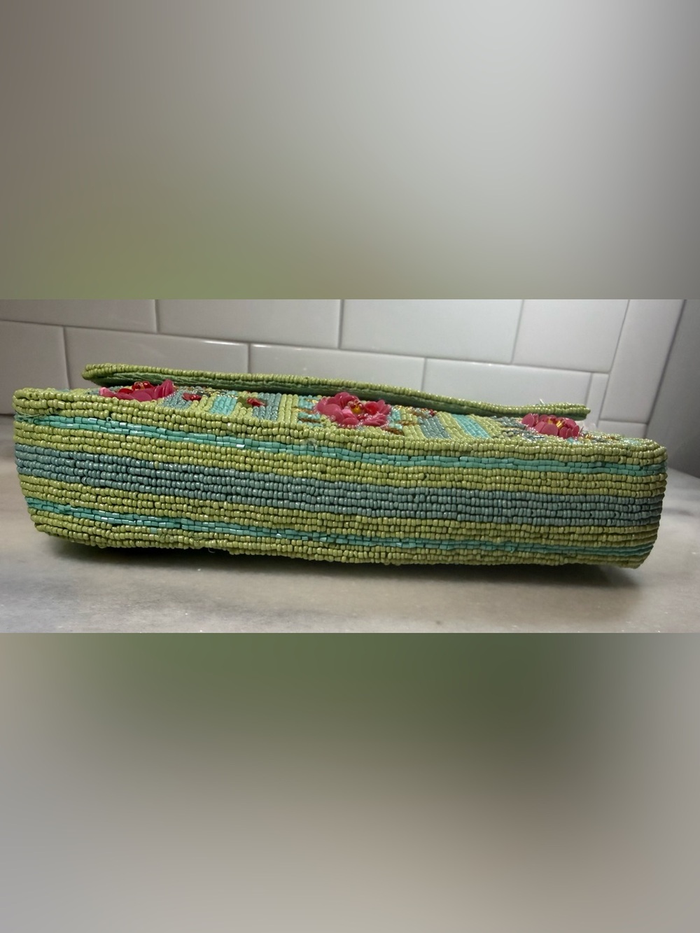 NEW RELEASE Pink Roses Beaded Bag With Green Stripes and Matching Charm NWT - Picture 4 of 9
